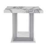24" White and Silver Faux Marble and Wood Pedestal End Table
