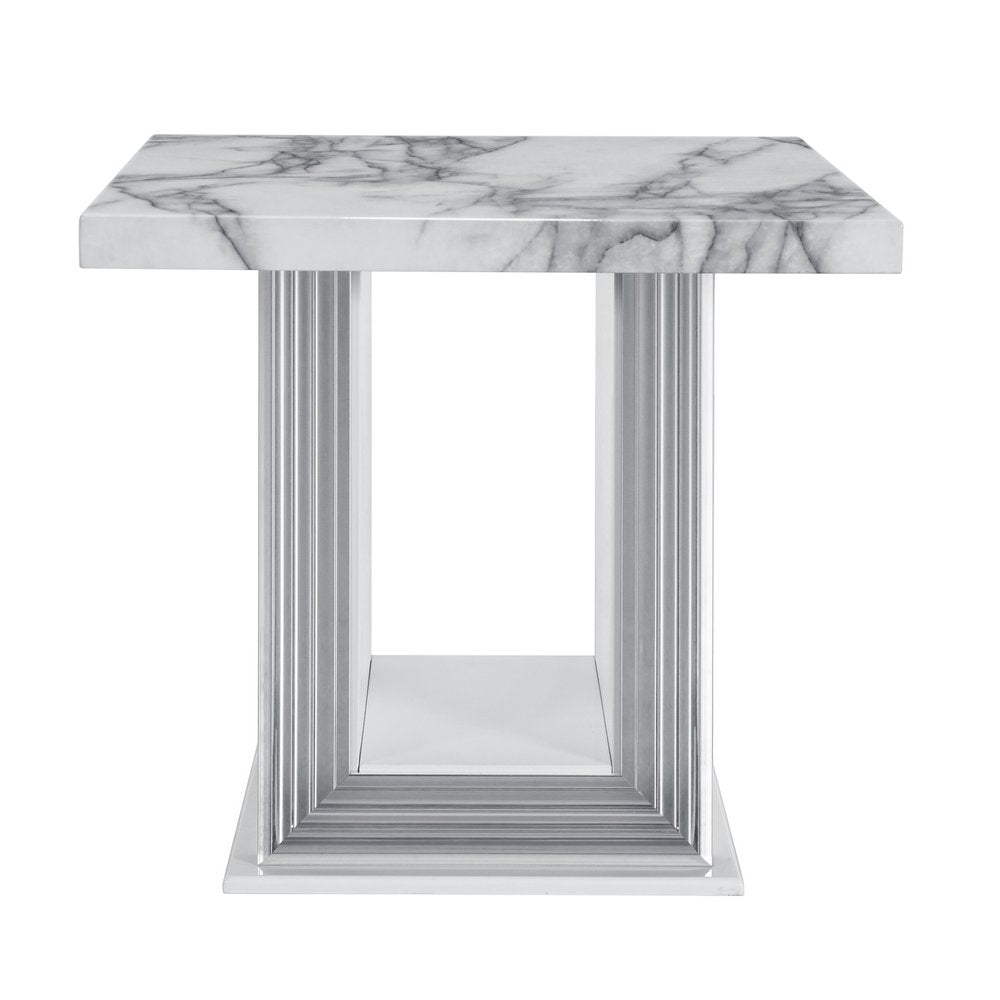 24" White and Silver Faux Marble and Wood Pedestal End Table