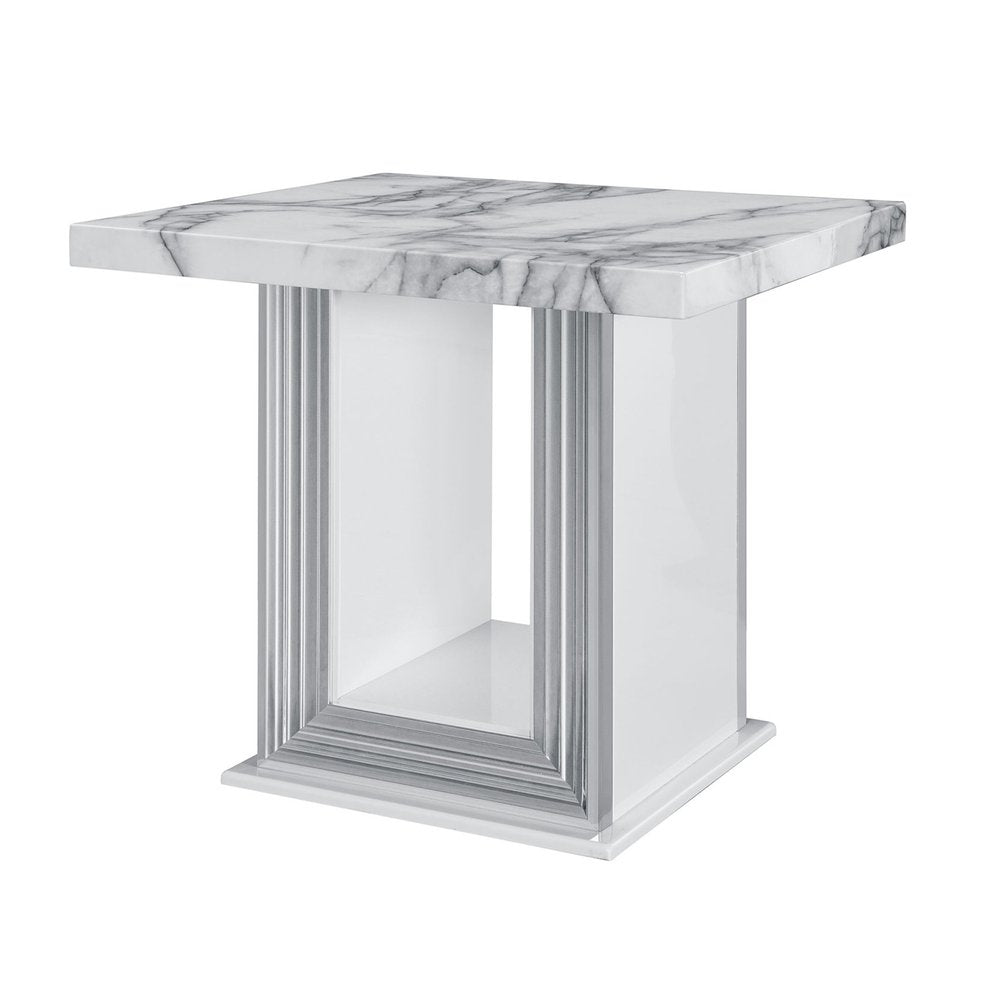 24" White and Silver Faux Marble and Wood Pedestal End Table