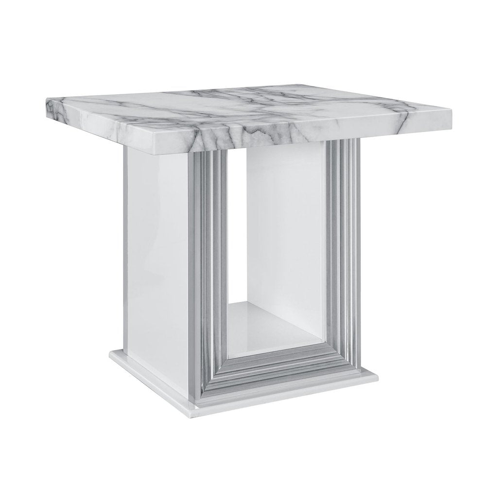 24" White and Silver Faux Marble and Wood Pedestal End Table