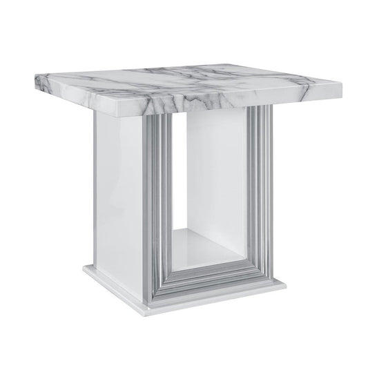 24" White and Silver Faux Marble and Wood Pedestal End Table