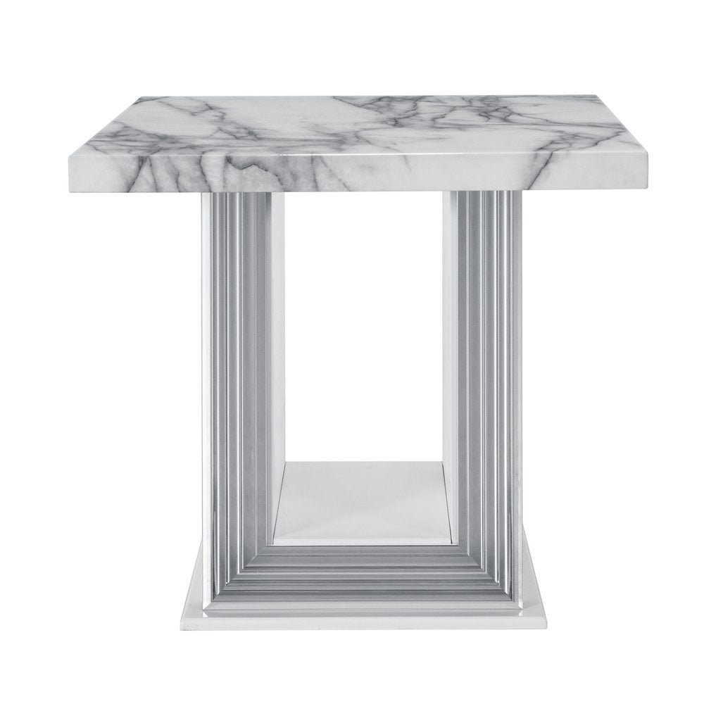 24" White and Silver Faux Marble and Wood Pedestal End Table