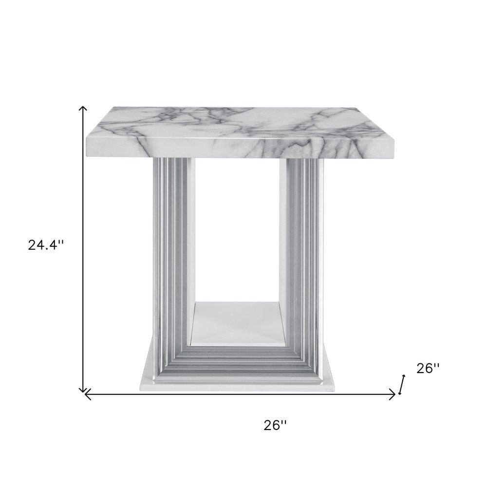24" White and Silver Faux Marble and Wood Pedestal End Table