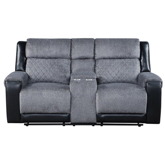 76" Gray and Black Faux Leather and Microfiber Manual Reclining Loveseat With Storage