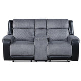 76" Gray and Black Faux Leather and Microfiber Manual Reclining Loveseat With Storage