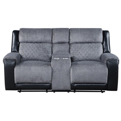 76" Gray and Black Faux Leather and Microfiber Manual Reclining Loveseat With Storage