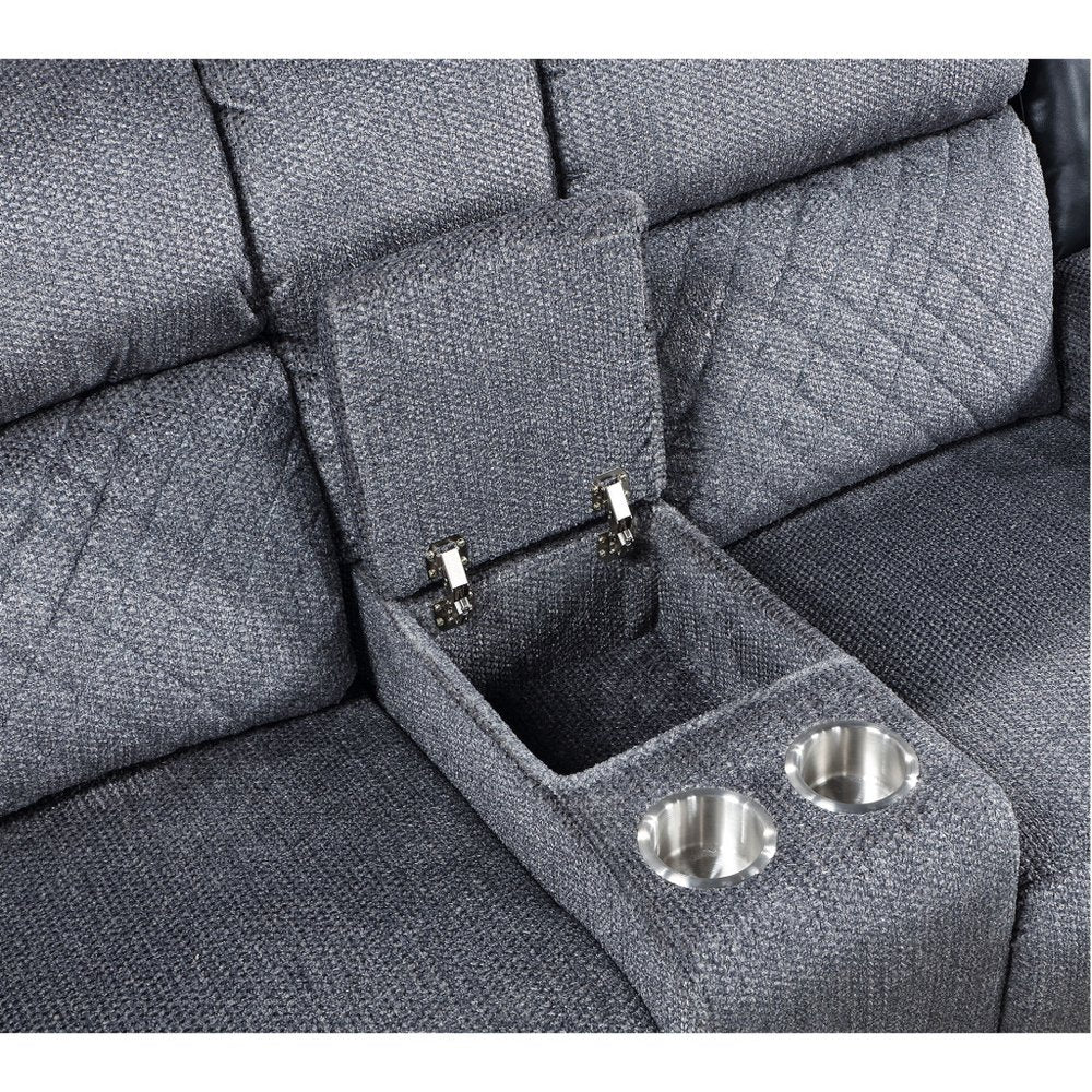 76" Gray and Black Faux Leather and Microfiber Manual Reclining Loveseat With Storage