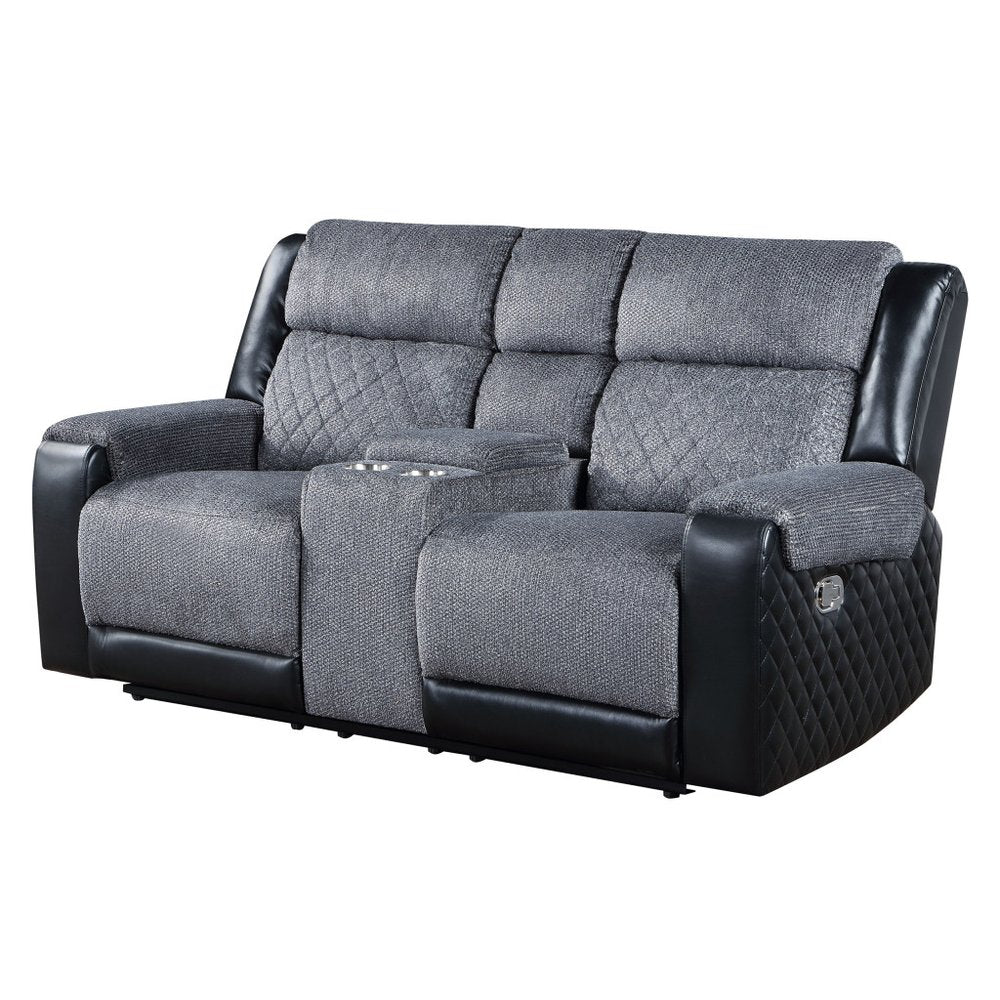 76" Gray and Black Faux Leather and Microfiber Manual Reclining Loveseat With Storage