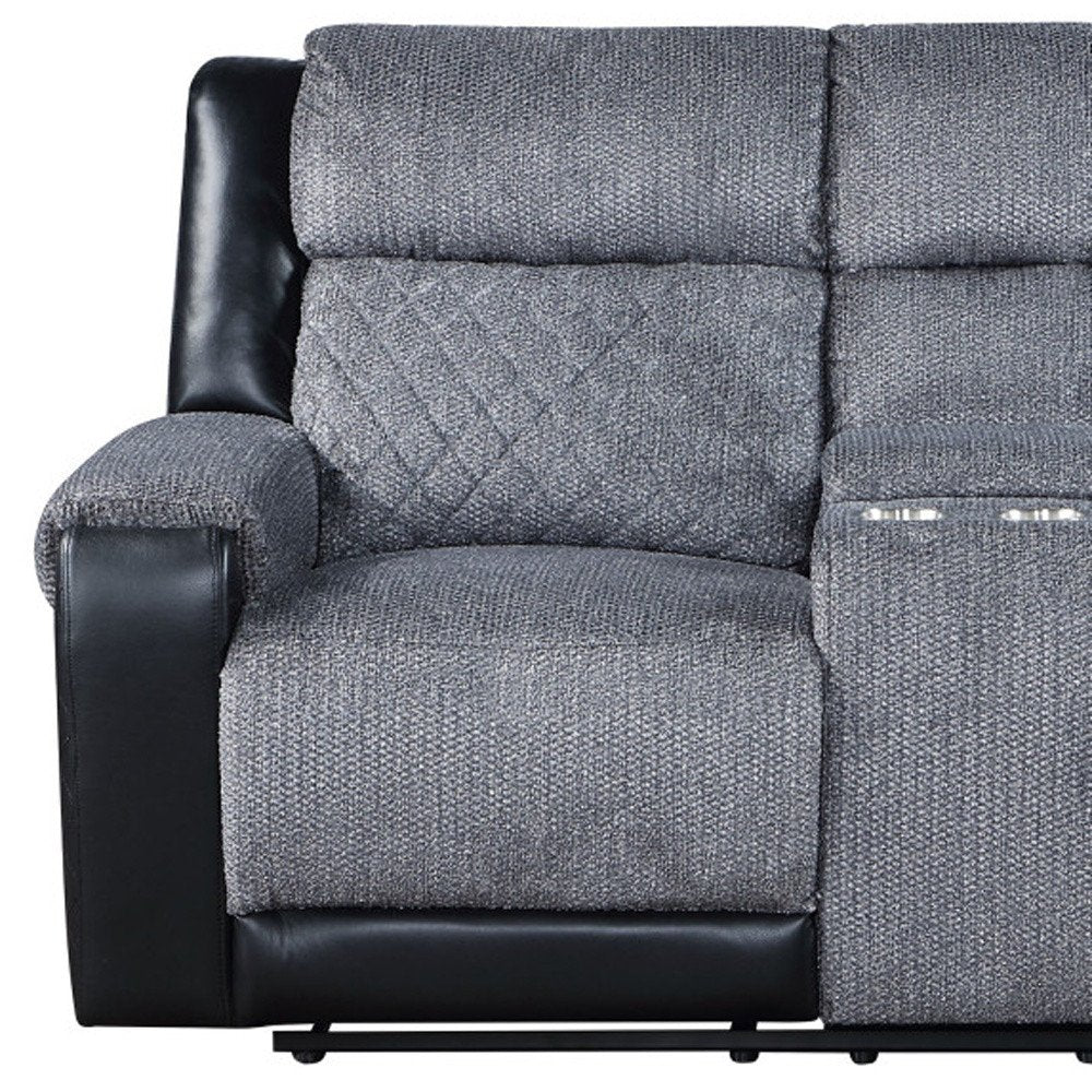 76" Gray and Black Faux Leather and Microfiber Manual Reclining Loveseat With Storage