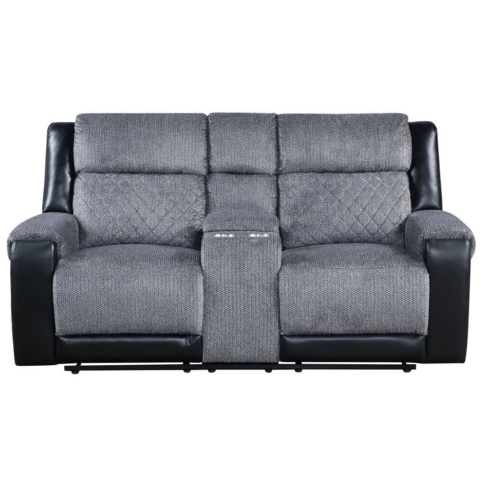 76" Gray and Black Faux Leather and Microfiber Manual Reclining Loveseat With Storage
