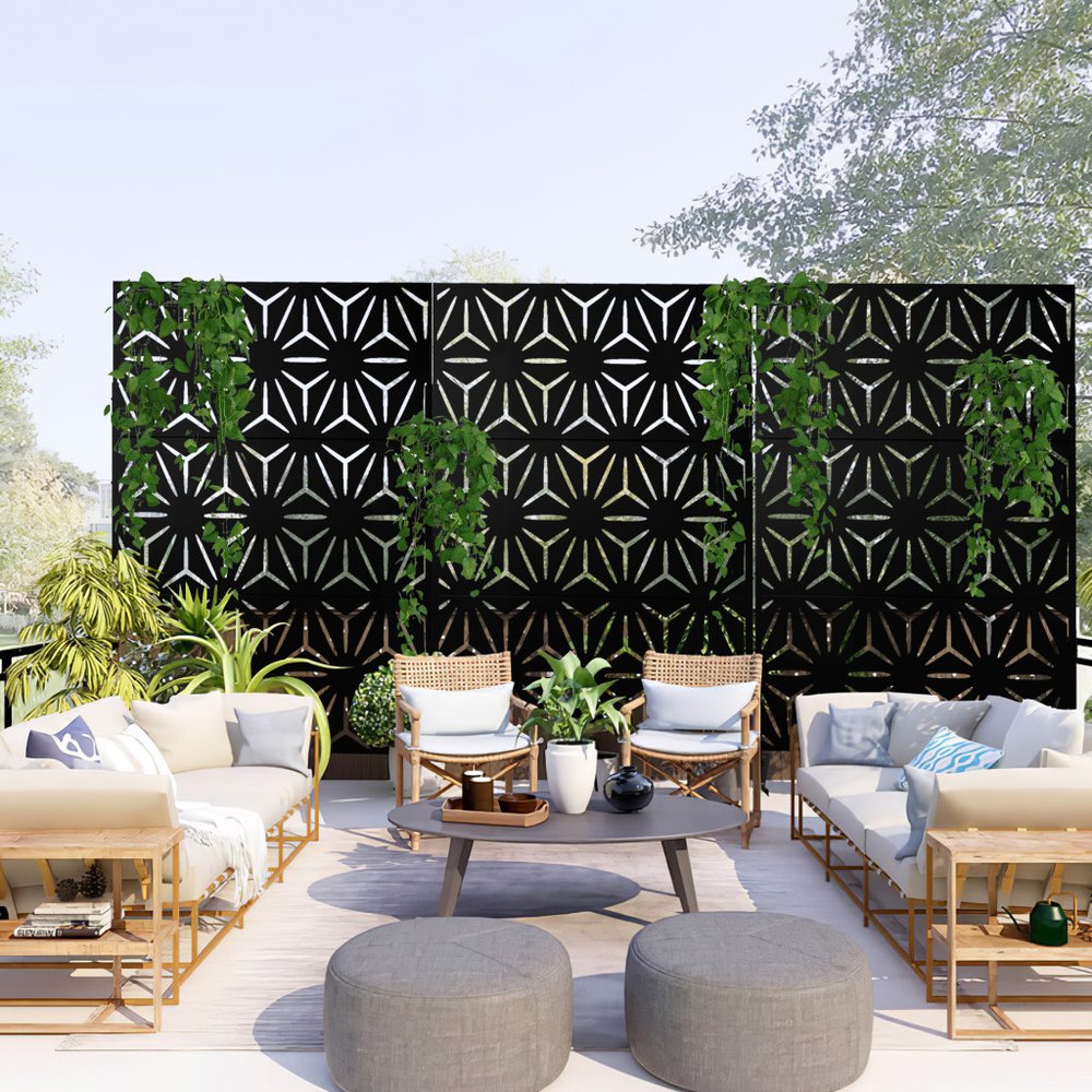 75" Black Steel Three Panel Screen Room Divider