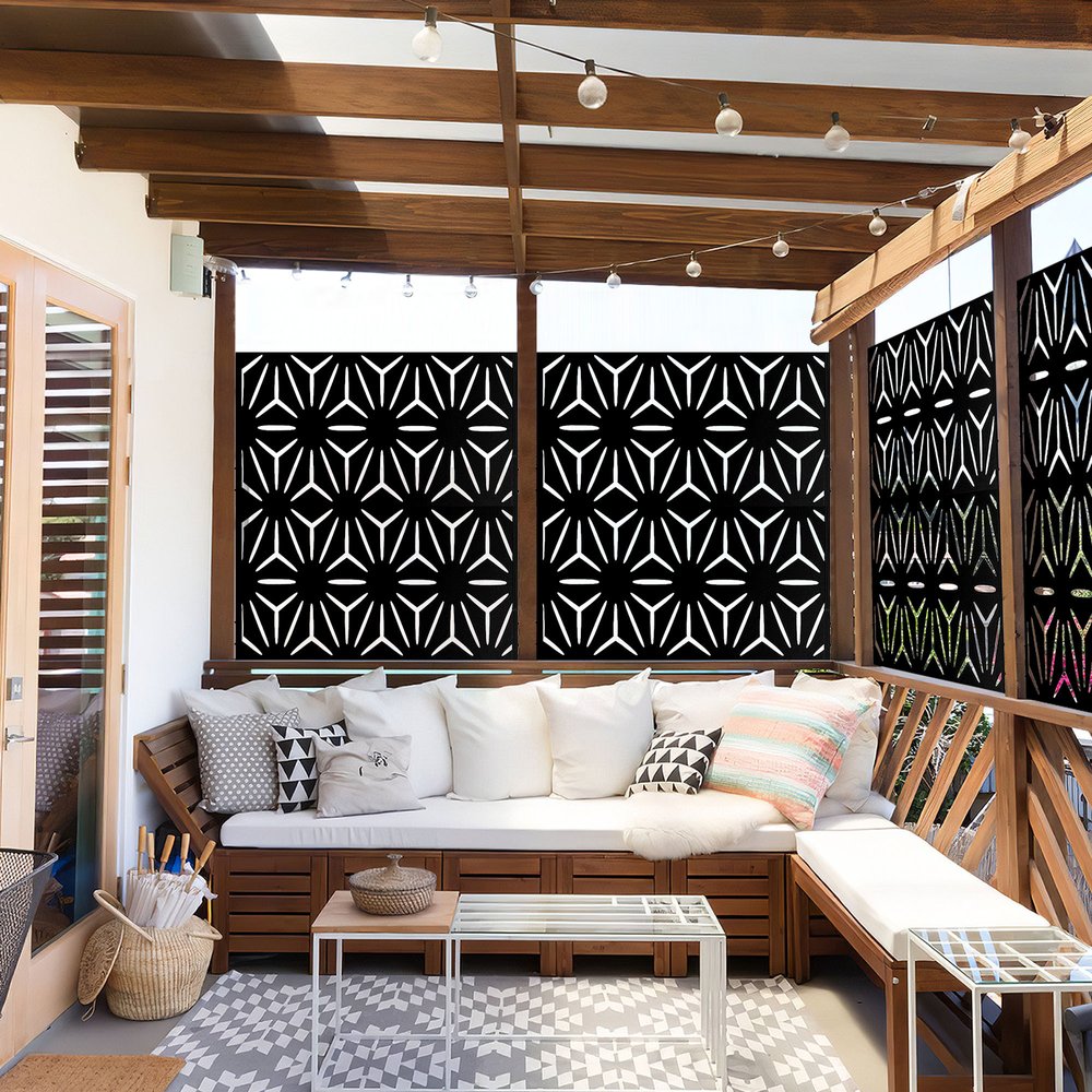 75" Black Steel Three Panel Screen Room Divider