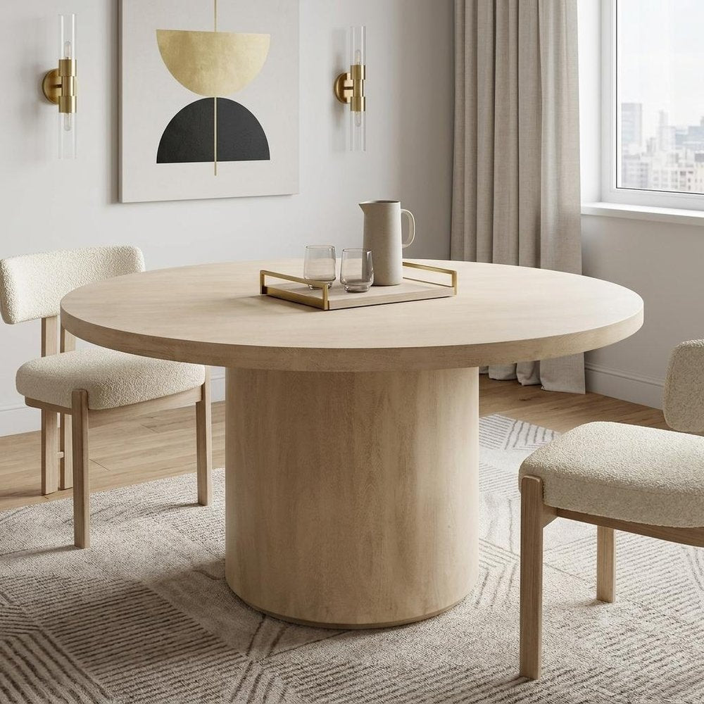60" Natural and Brown Rounded Solid Wood Pedestal Base Dining Table