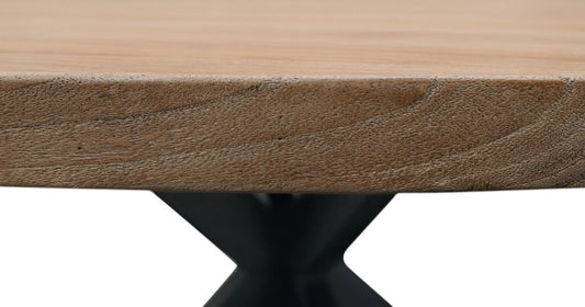 60" Natural And Black Rounded Solid Wood And Iron Pedestal Base Dining Table