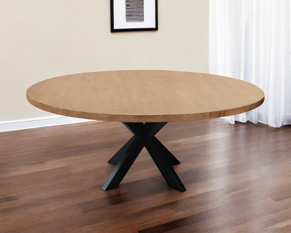 60" Natural And Black Rounded Solid Wood And Iron Pedestal Base Dining Table