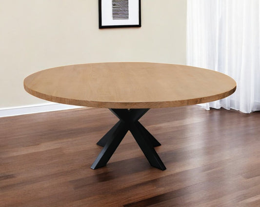 60" Natural And Black Rounded Solid Wood And Iron Pedestal Base Dining Table