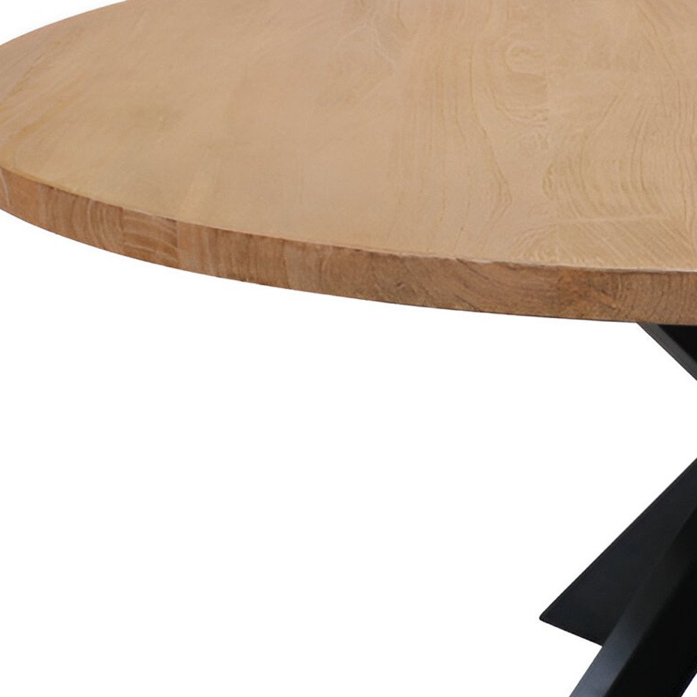 60" Natural And Black Rounded Solid Wood And Iron Pedestal Base Dining Table