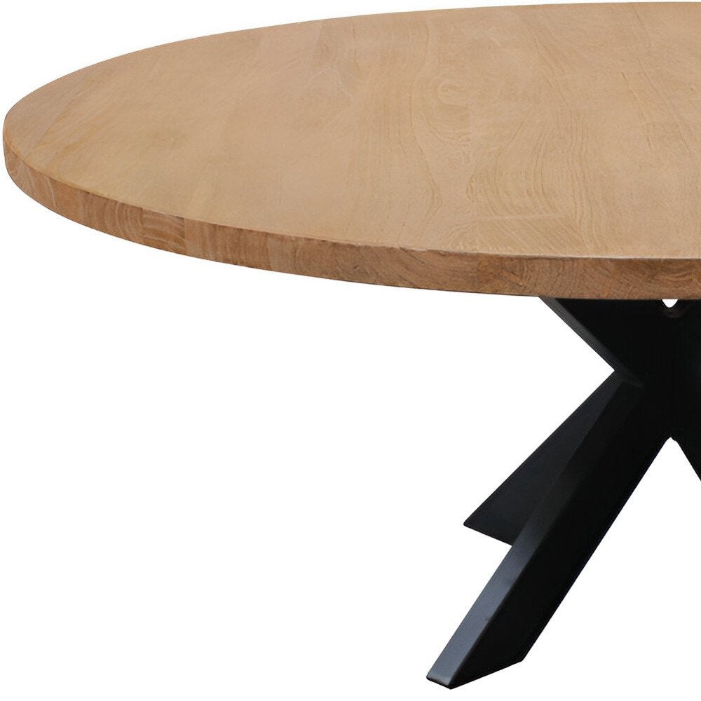 60" Natural And Black Rounded Solid Wood And Iron Pedestal Base Dining Table