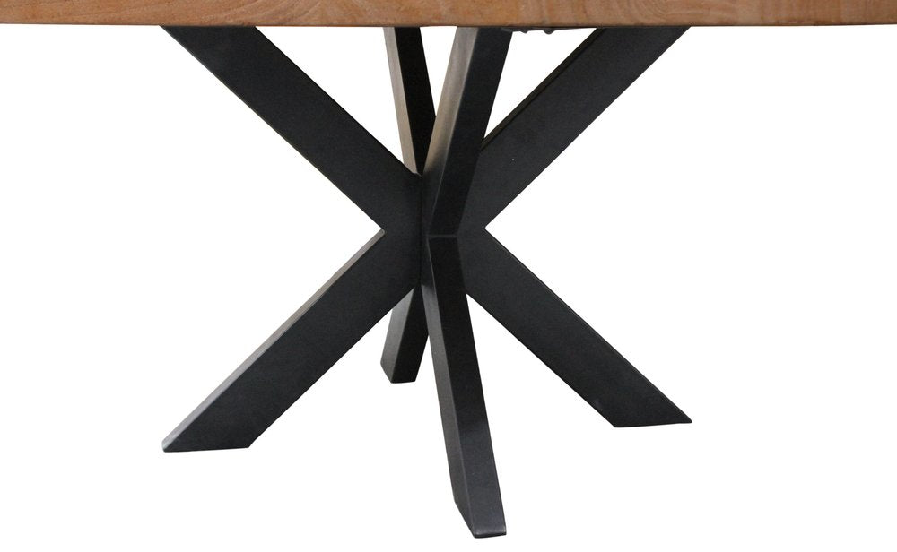 60" Natural And Black Rounded Solid Wood And Iron Pedestal Base Dining Table
