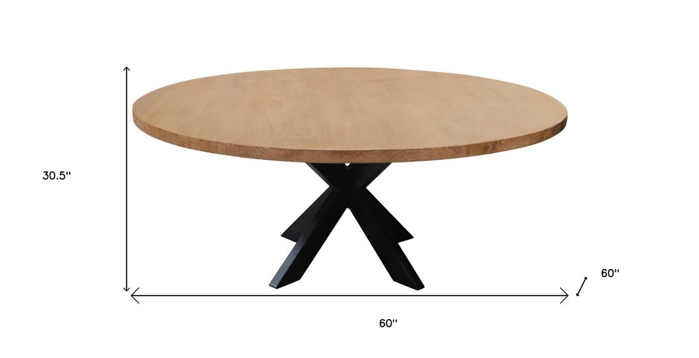 60" Natural And Black Rounded Solid Wood And Iron Pedestal Base Dining Table
