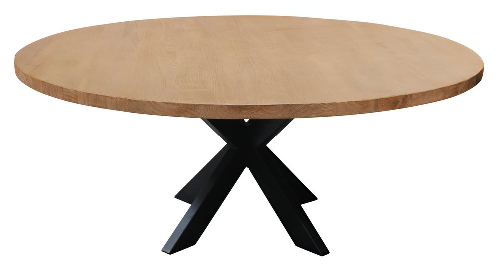 60" Natural And Black Rounded Solid Wood And Iron Pedestal Base Dining Table