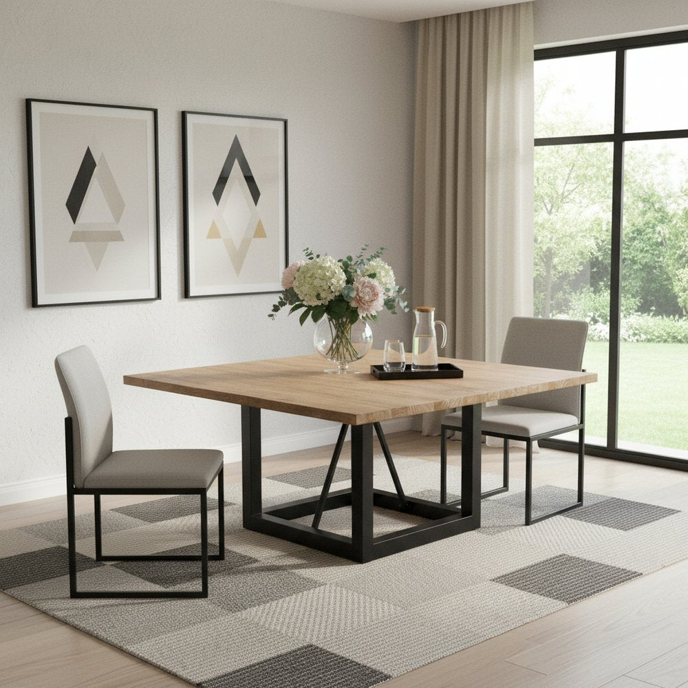 60" Natural and Black Solid Wood And Iron Frame Base Square Dining Table