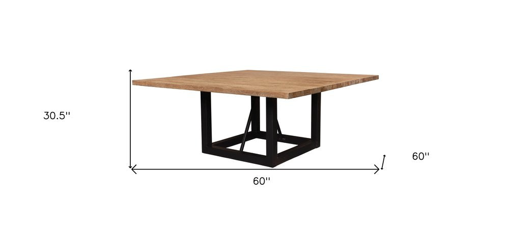 60" Natural and Black Solid Wood And Iron Frame Base Square Dining Table