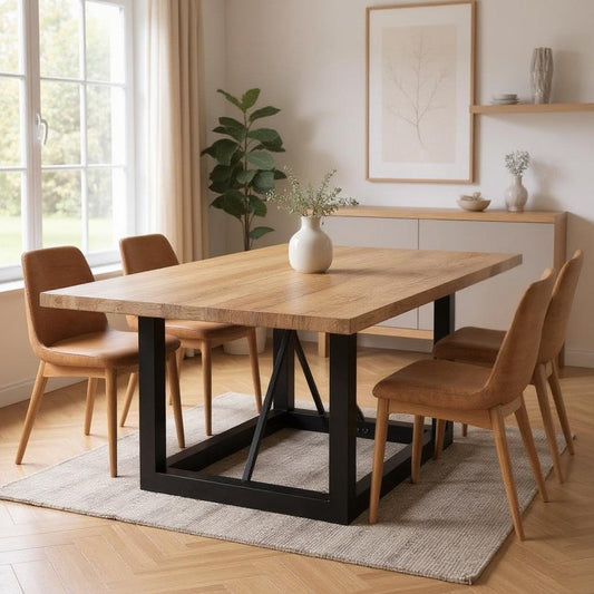 60" Natural and Black Solid Wood And Iron Frame Base Square Dining Table