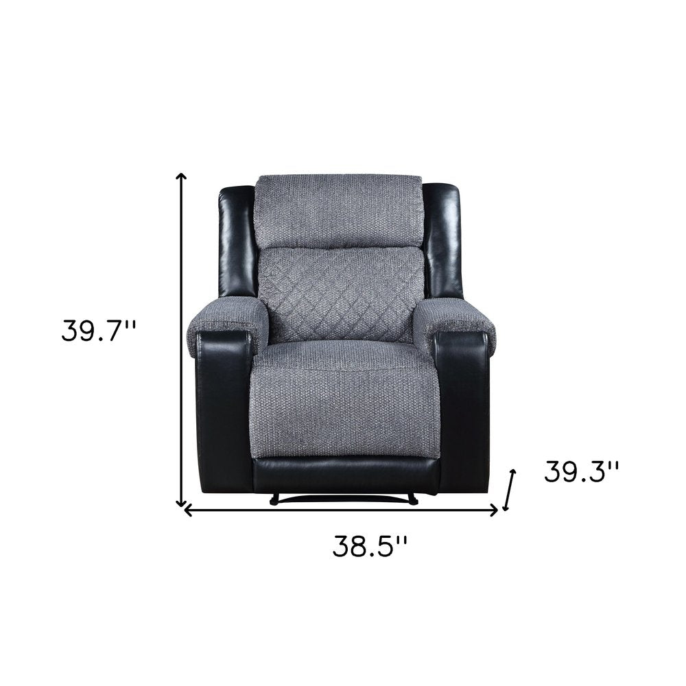 39" Black And Gray Faux Leather And Fabric Manual Recliner