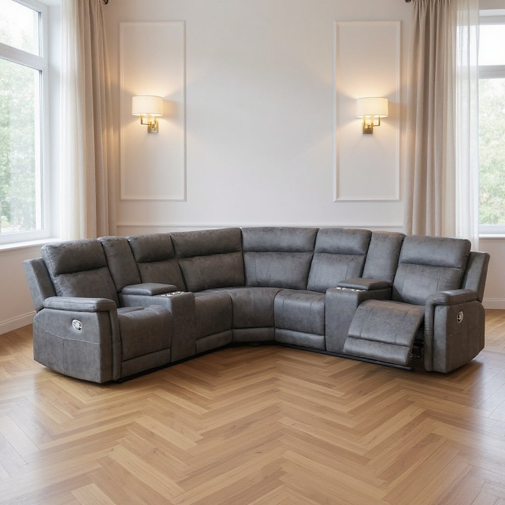 Gray Faux Leather Reclining Curved Corner Sectional With Console