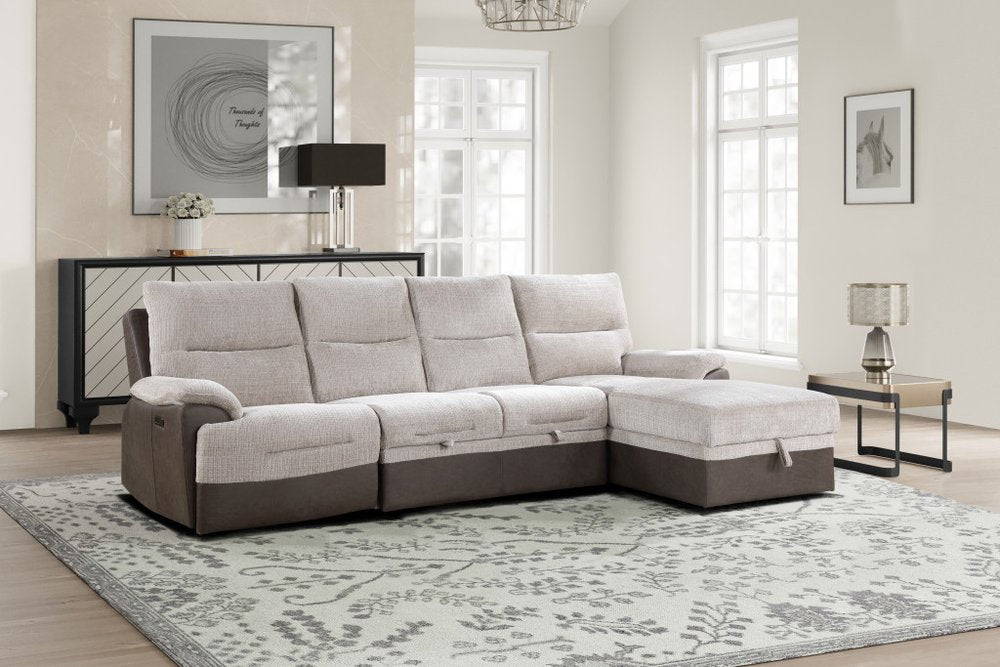 Beige And Brown Fabric Sleeper L Shaped Three Piece Sofa and Storage Chaise Sectional