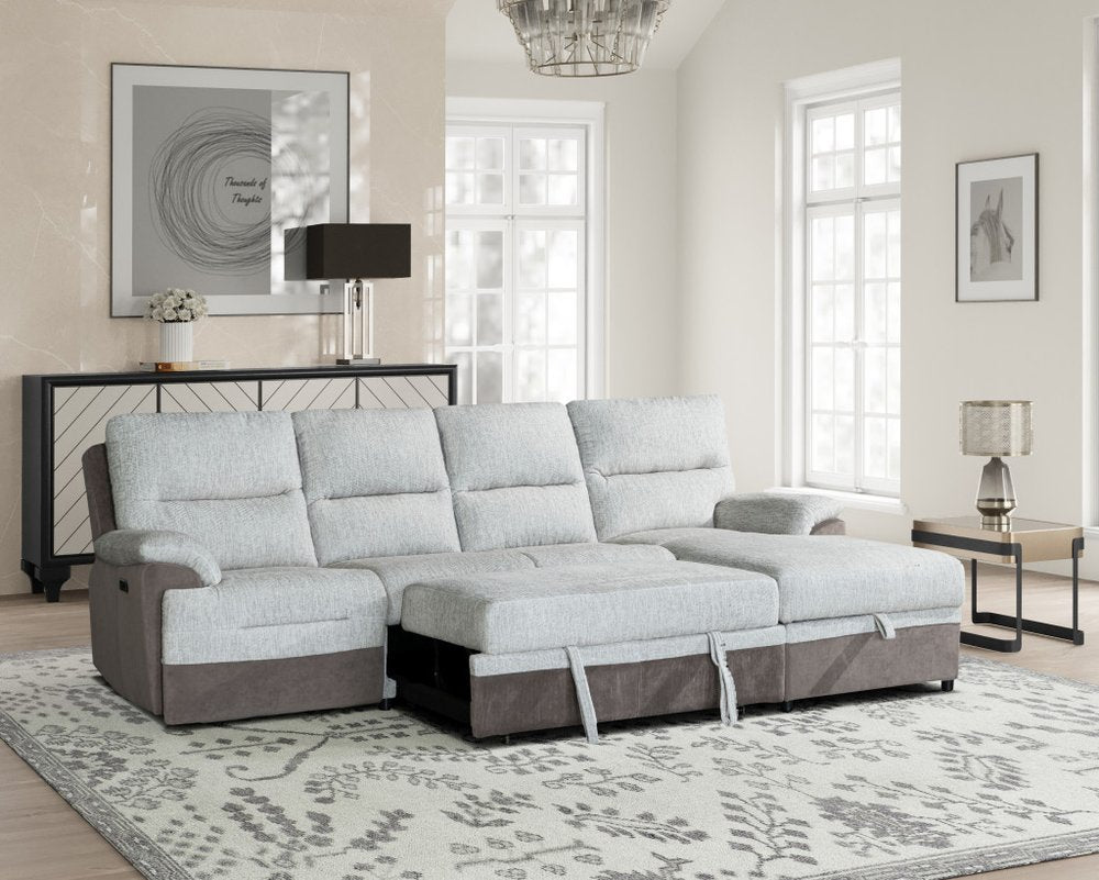 Beige And Brown Fabric Sleeper L Shaped Three Piece Sofa and Storage Chaise Sectional