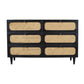 56" Black And Natural Solid Wood And Rattan Six Drawer Double Dresser