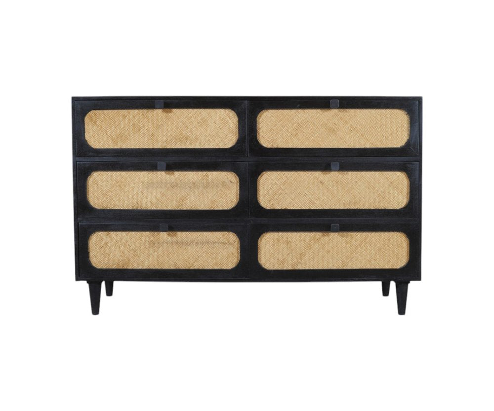 56" Black And Natural Solid Wood And Rattan Six Drawer Double Dresser