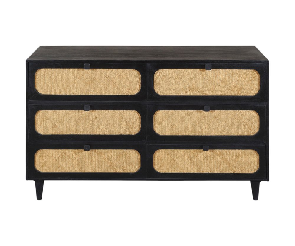 56" Black And Natural Solid Wood And Rattan Six Drawer Double Dresser