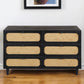 56" Black And Natural Solid Wood And Rattan Six Drawer Double Dresser