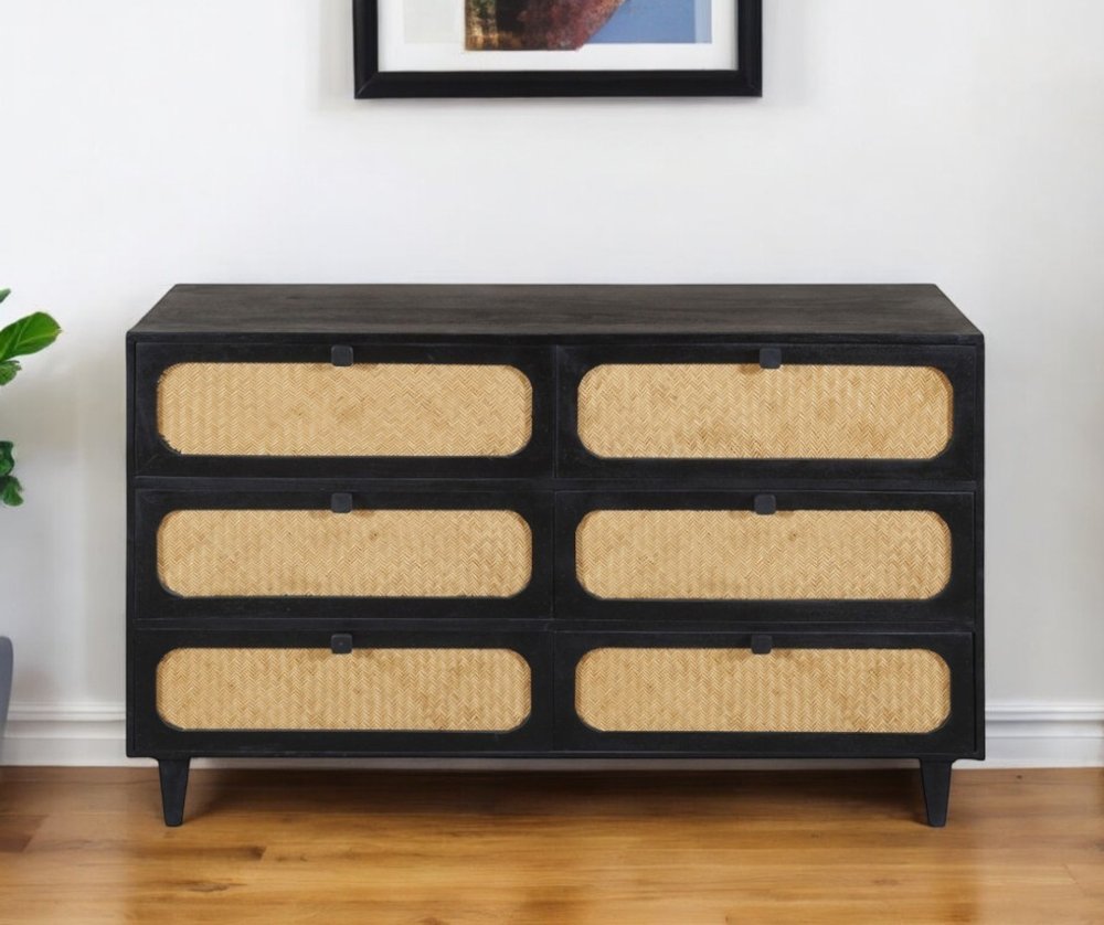 56" Black And Natural Solid Wood And Rattan Six Drawer Double Dresser