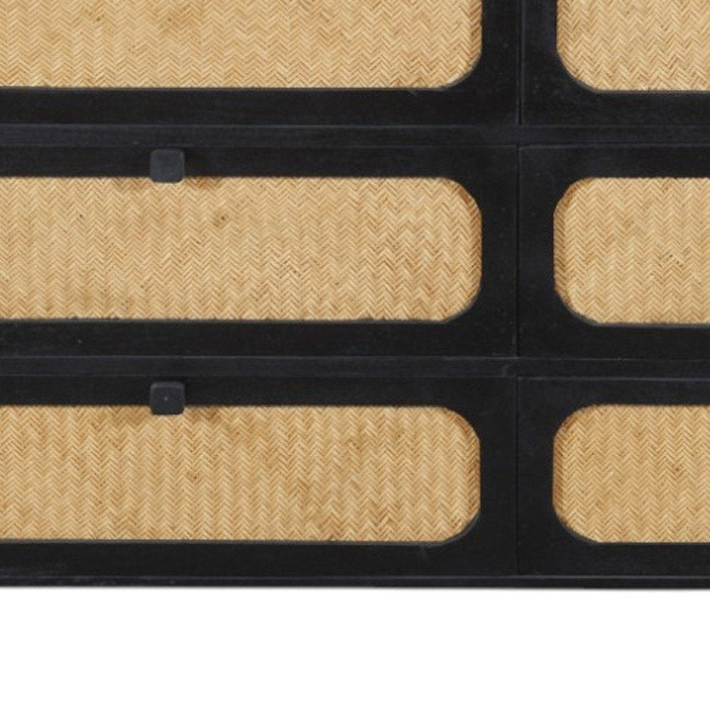 56" Black And Natural Solid Wood And Rattan Six Drawer Double Dresser