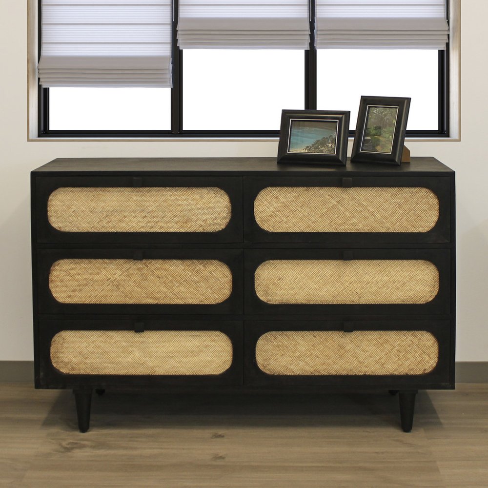 56" Black And Natural Solid Wood And Rattan Six Drawer Double Dresser