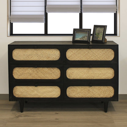 56" Black And Natural Solid Wood And Rattan Six Drawer Double Dresser