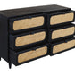 56" Black And Natural Solid Wood And Rattan Six Drawer Double Dresser