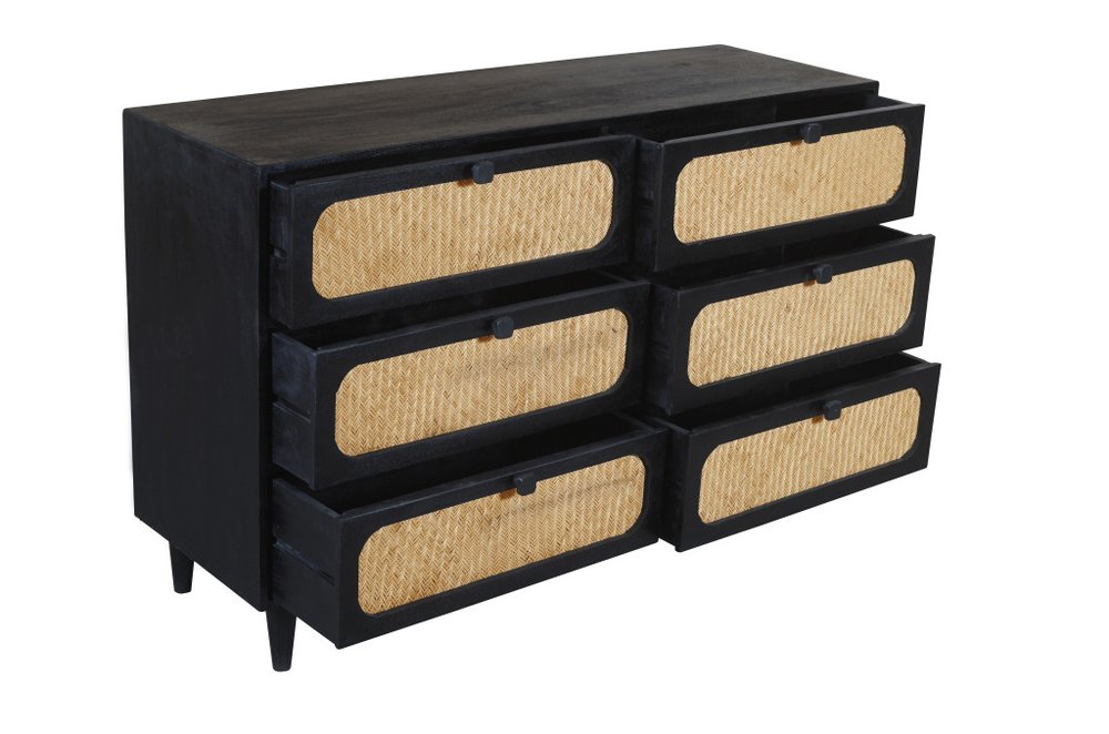56" Black And Natural Solid Wood And Rattan Six Drawer Double Dresser