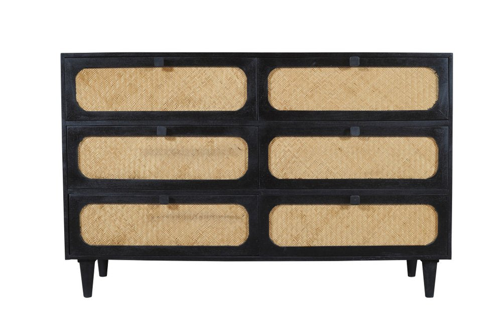 56" Black And Natural Solid Wood And Rattan Six Drawer Double Dresser