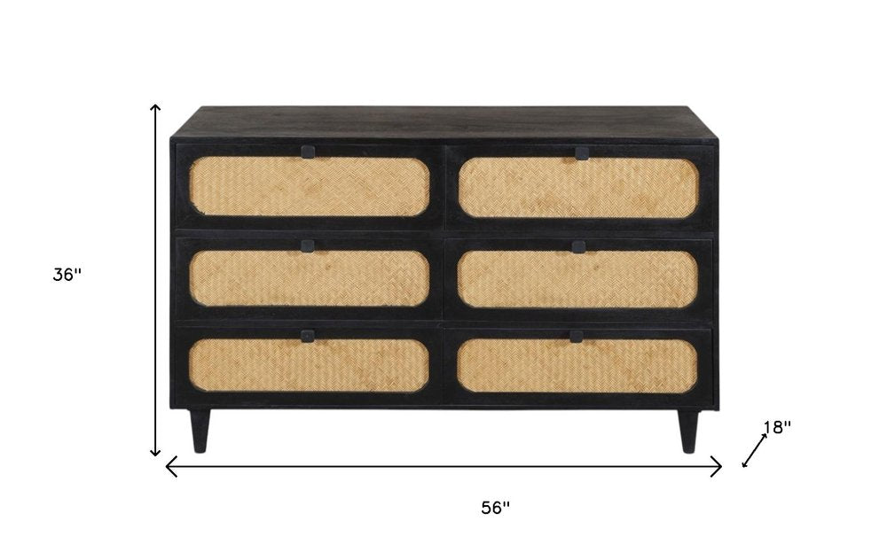 56" Black And Natural Solid Wood And Rattan Six Drawer Double Dresser