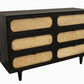 56" Black And Natural Solid Wood And Rattan Six Drawer Double Dresser