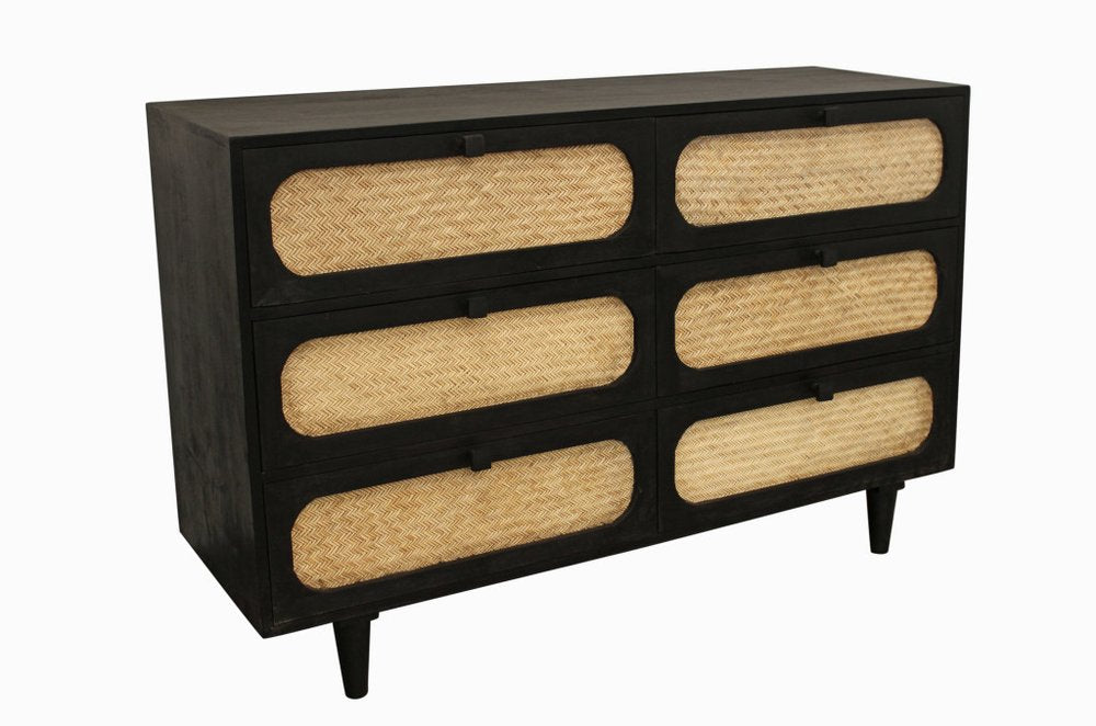 56" Black And Natural Solid Wood And Rattan Six Drawer Double Dresser