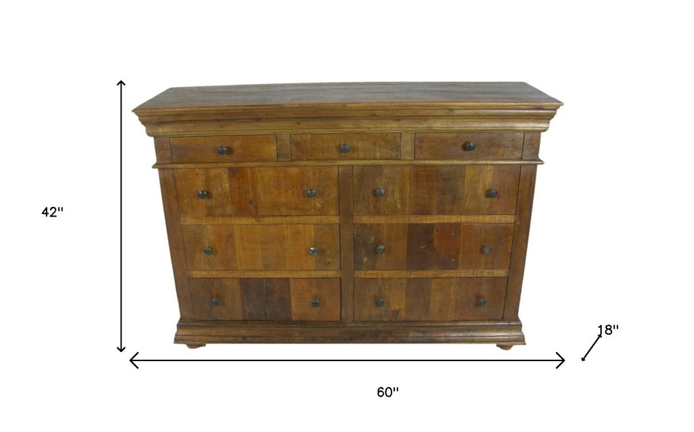 60" Brown Reclaimed Wood Nine Drawer Double Dresser
