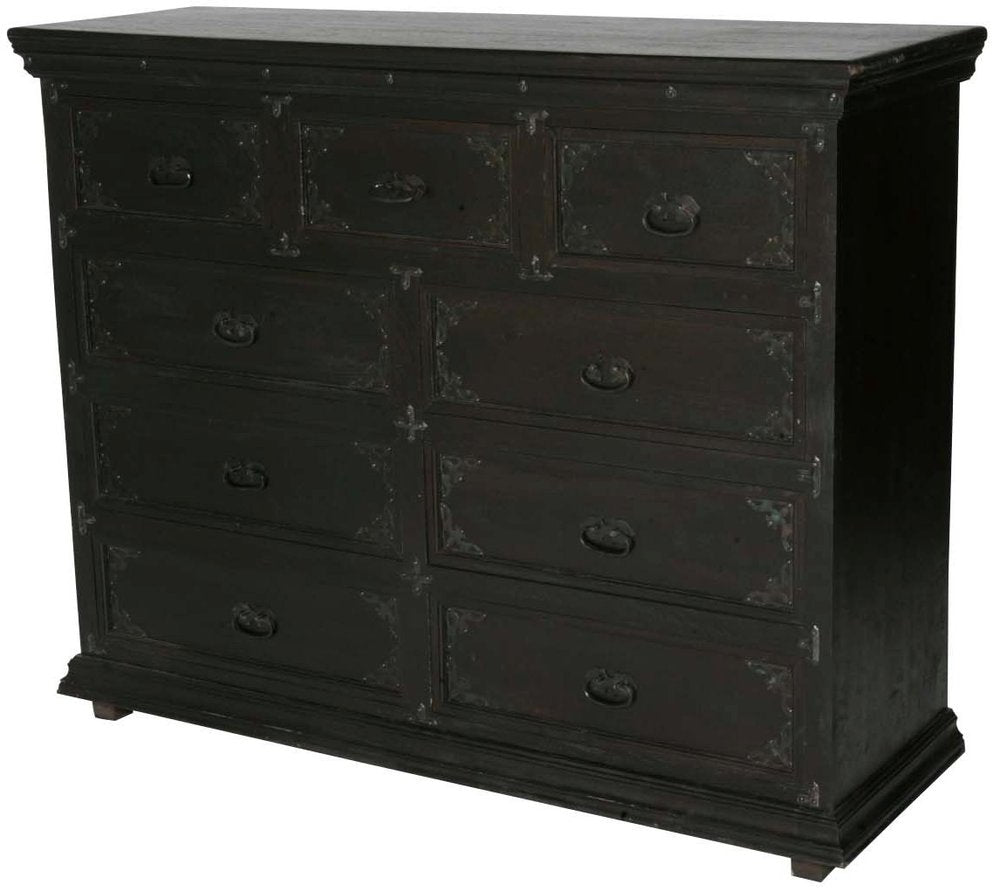 60" Dark Brown Carved Scrollwork Solid Wood Nine Drawer Double Dresser