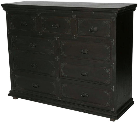 60" Dark Brown Carved Scrollwork Solid Wood Nine Drawer Double Dresser