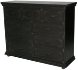 60" Dark Brown Carved Scrollwork Solid Wood Nine Drawer Double Dresser